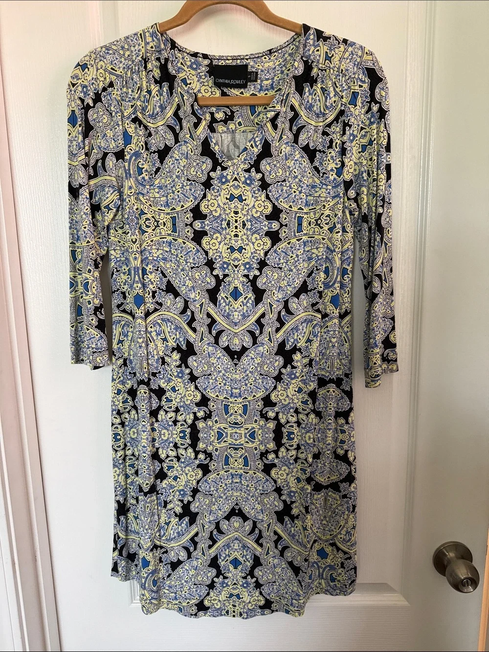 Cynthia Rowley Navy, Blue & Cream Paisley-Print Long Sleeve Shift Dress